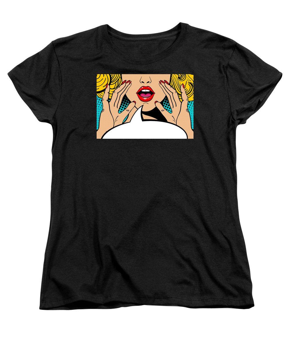 Sexy surprised blonde pop art woman with open mouth and rising hands screaming announcement. Vector background in comic retro pop art style. Party invitation. - Women's T-Shirt (Standard Fit)