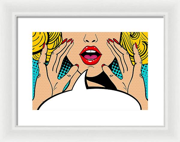 Sexy surprised blonde pop art woman with open mouth and rising hands screaming announcement. Vector background in comic retro pop art style. Party invitation. - Framed Print