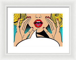 Sexy surprised blonde pop art woman with open mouth and rising hands screaming announcement. Vector background in comic retro pop art style. Party invitation. - Framed Print