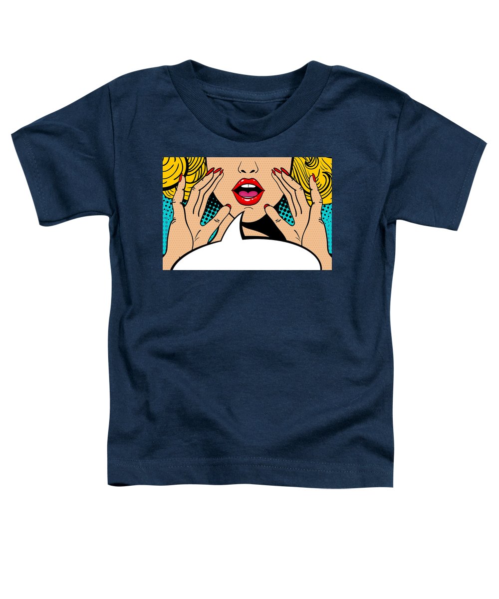 Sexy surprised blonde pop art woman with open mouth and rising hands screaming announcement. Vector background in comic retro pop art style. Party invitation. - Toddler T-Shirt