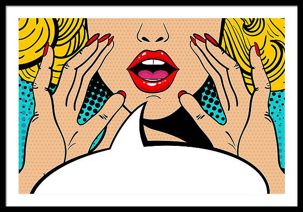 Sexy surprised blonde pop art woman with open mouth and rising hands screaming announcement. Vector background in comic retro pop art style. Party invitation. - Framed Print