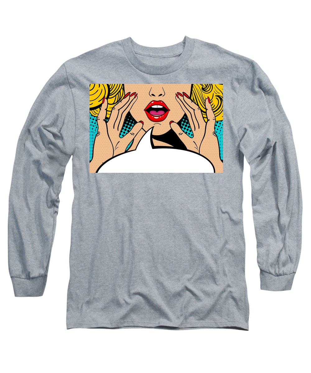 Sexy surprised blonde pop art woman with open mouth and rising hands screaming announcement. Vector background in comic retro pop art style. Party invitation. - Long Sleeve T-Shirt