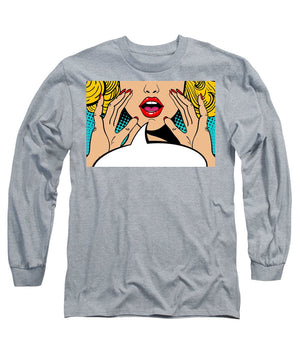 Sexy surprised blonde pop art woman with open mouth and rising hands screaming announcement. Vector background in comic retro pop art style. Party invitation. - Long Sleeve T-Shirt
