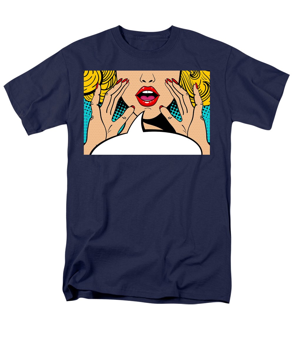 Sexy surprised blonde pop art woman with open mouth and rising hands screaming announcement. Vector background in comic retro pop art style. Party invitation. - Men's T-Shirt  (Regular Fit)