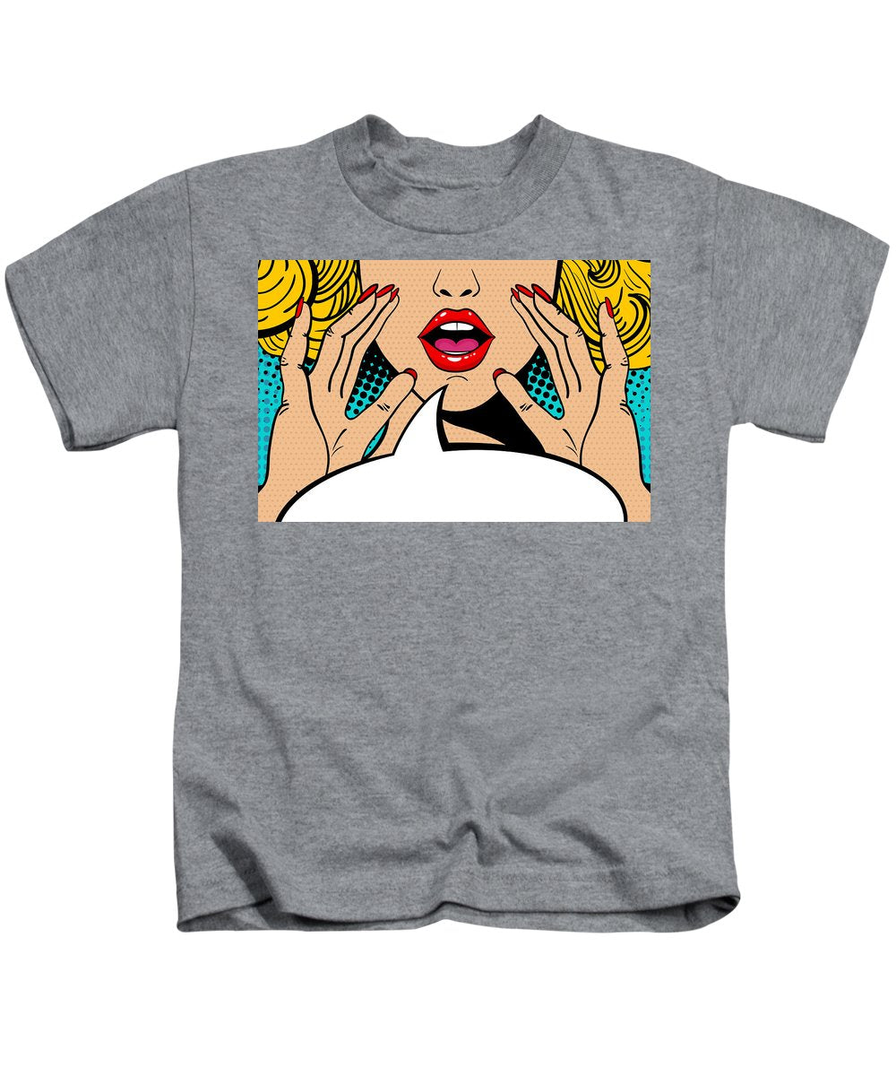 Sexy surprised blonde pop art woman with open mouth and rising hands screaming announcement. Vector background in comic retro pop art style. Party invitation. - Kids T-Shirt