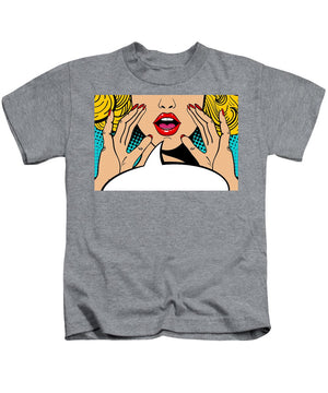 Sexy surprised blonde pop art woman with open mouth and rising hands screaming announcement. Vector background in comic retro pop art style. Party invitation. - Kids T-Shirt