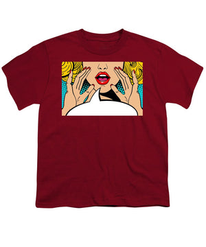 Sexy surprised blonde pop art woman with open mouth and rising hands screaming announcement. Vector background in comic retro pop art style. Party invitation. - Youth T-Shirt