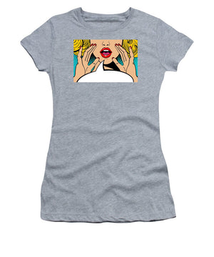 Sexy surprised blonde pop art woman with open mouth and rising hands screaming announcement. Vector background in comic retro pop art style. Party invitation. - Women's T-Shirt