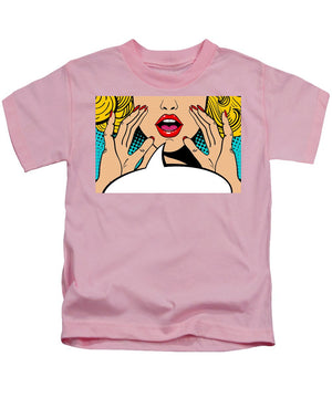 Sexy surprised blonde pop art woman with open mouth and rising hands screaming announcement. Vector background in comic retro pop art style. Party invitation. - Kids T-Shirt