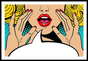 Sexy surprised blonde pop art woman with open mouth and rising hands screaming announcement. Vector background in comic retro pop art style. Party invitation. - Framed Print