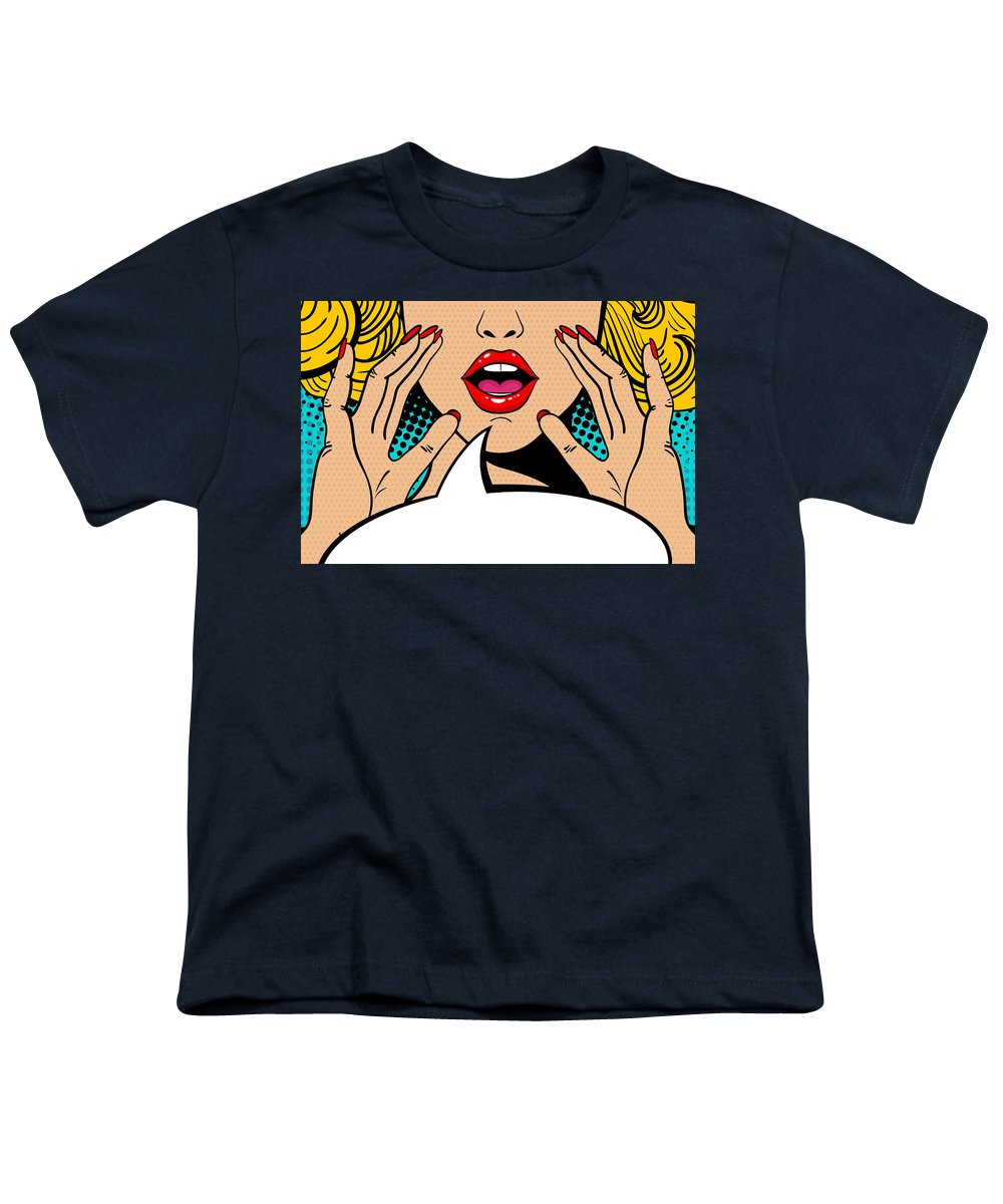 Sexy surprised blonde pop art woman with open mouth and rising hands screaming announcement. Vector background in comic retro pop art style. Party invitation. - Youth T-Shirt