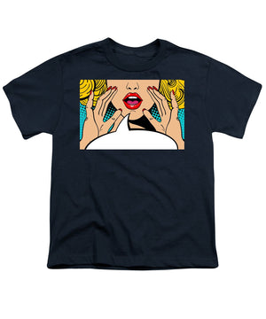 Sexy surprised blonde pop art woman with open mouth and rising hands screaming announcement. Vector background in comic retro pop art style. Party invitation. - Youth T-Shirt