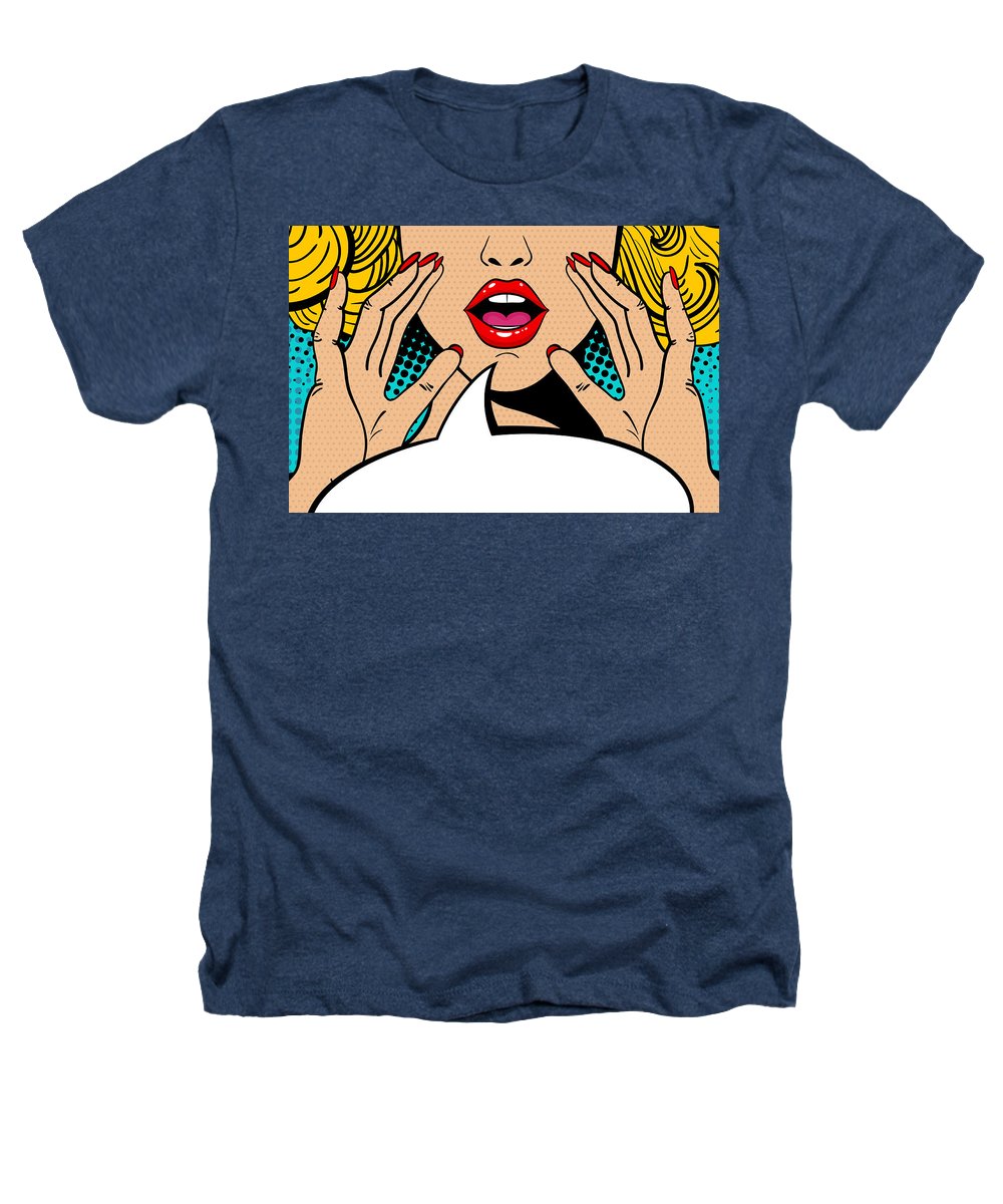 Sexy surprised blonde pop art woman with open mouth and rising hands screaming announcement. Vector background in comic retro pop art style. Party invitation. - Heathers T-Shirt