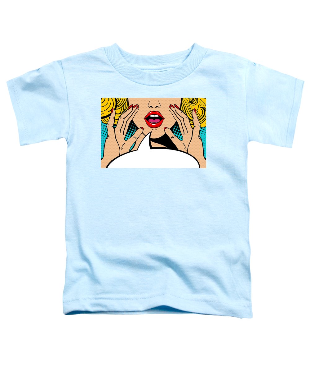 Sexy surprised blonde pop art woman with open mouth and rising hands screaming announcement. Vector background in comic retro pop art style. Party invitation. - Toddler T-Shirt