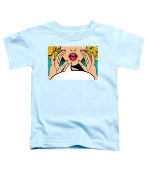 Sexy surprised blonde pop art woman with open mouth and rising hands screaming announcement. Vector background in comic retro pop art style. Party invitation. - Toddler T-Shirt