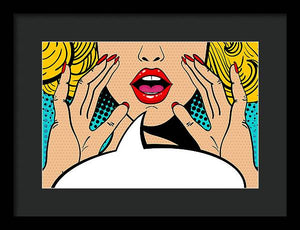 Sexy surprised blonde pop art woman with open mouth and rising hands screaming announcement. Vector background in comic retro pop art style. Party invitation. - Framed Print