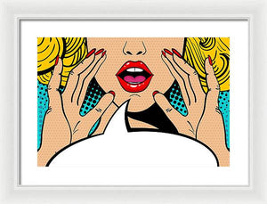 Sexy surprised blonde pop art woman with open mouth and rising hands screaming announcement. Vector background in comic retro pop art style. Party invitation. - Framed Print