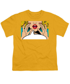 Sexy surprised blonde pop art woman with open mouth and rising hands screaming announcement. Vector background in comic retro pop art style. Party invitation. - Youth T-Shirt