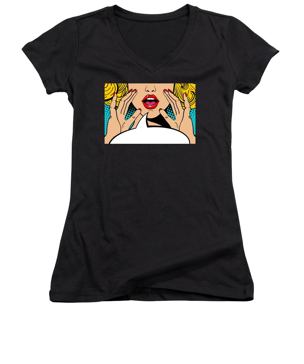 Sexy surprised blonde pop art woman with open mouth and rising hands screaming announcement. Vector background in comic retro pop art style. Party invitation. - Women's V-Neck