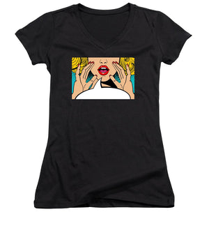 Sexy surprised blonde pop art woman with open mouth and rising hands screaming announcement. Vector background in comic retro pop art style. Party invitation. - Women's V-Neck