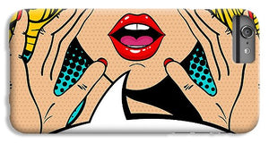 Sexy surprised blonde pop art woman with open mouth and rising hands screaming announcement. Vector background in comic retro pop art style. Party invitation. - Phone Case