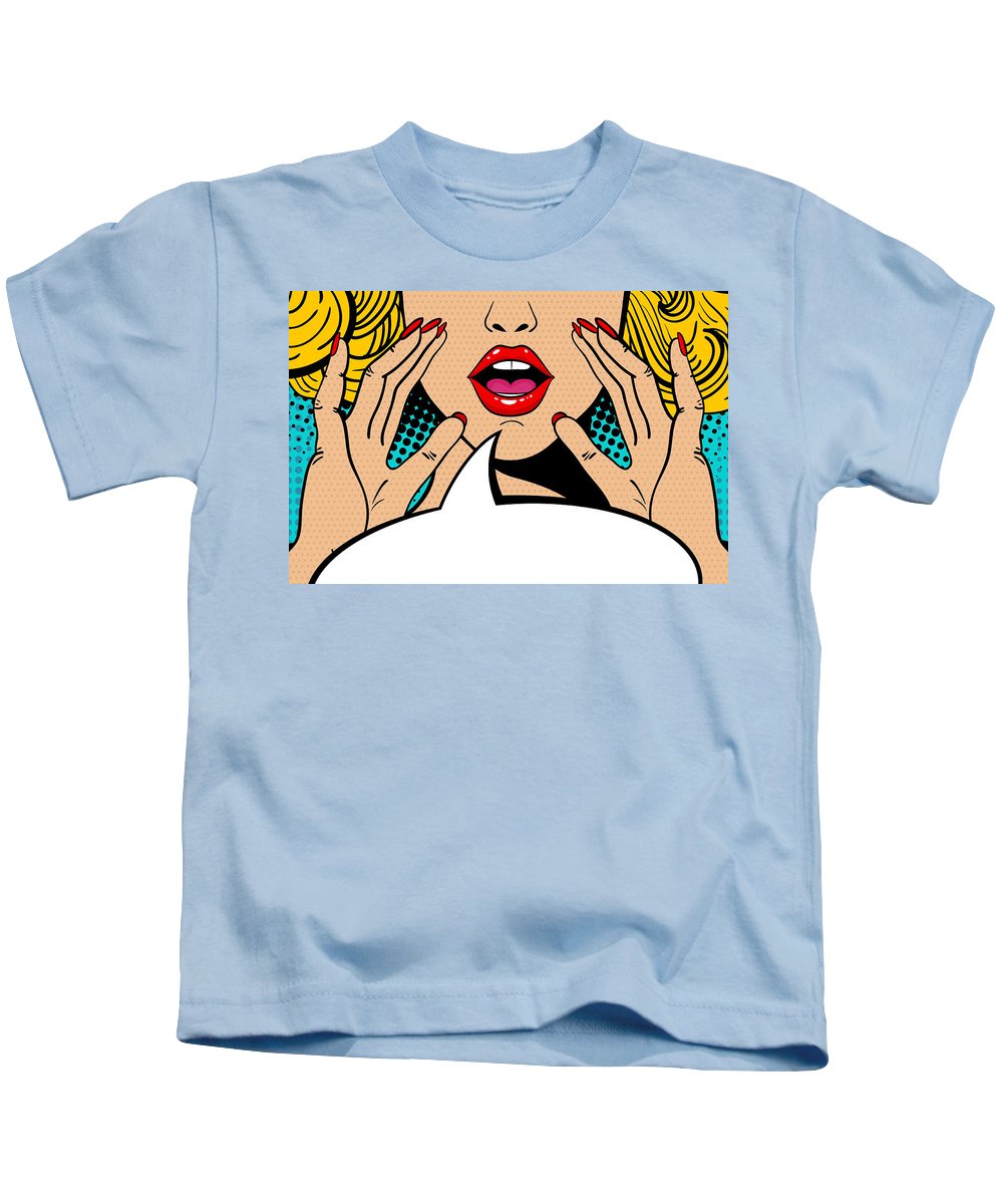 Sexy surprised blonde pop art woman with open mouth and rising hands screaming announcement. Vector background in comic retro pop art style. Party invitation. - Kids T-Shirt