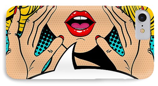 Sexy surprised blonde pop art woman with open mouth and rising hands screaming announcement. Vector background in comic retro pop art style. Party invitation. - Phone Case