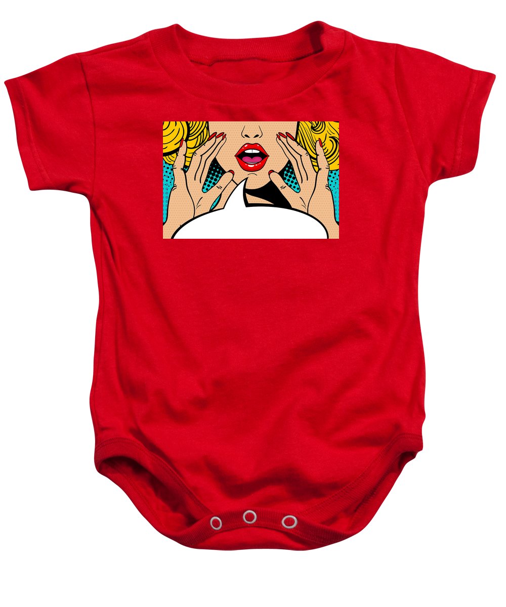 Sexy surprised blonde pop art woman with open mouth and rising hands screaming announcement. Vector background in comic retro pop art style. Party invitation. - Baby Onesie