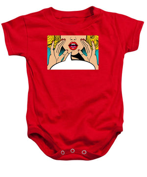 Sexy surprised blonde pop art woman with open mouth and rising hands screaming announcement. Vector background in comic retro pop art style. Party invitation. - Baby Onesie