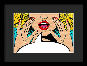 Sexy surprised blonde pop art woman with open mouth and rising hands screaming announcement. Vector background in comic retro pop art style. Party invitation. - Framed Print