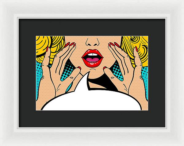 Sexy surprised blonde pop art woman with open mouth and rising hands screaming announcement. Vector background in comic retro pop art style. Party invitation. - Framed Print
