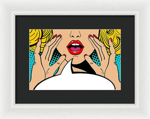 Sexy surprised blonde pop art woman with open mouth and rising hands screaming announcement. Vector background in comic retro pop art style. Party invitation. - Framed Print