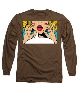 Sexy surprised blonde pop art woman with open mouth and rising hands screaming announcement. Vector background in comic retro pop art style. Party invitation. - Long Sleeve T-Shirt