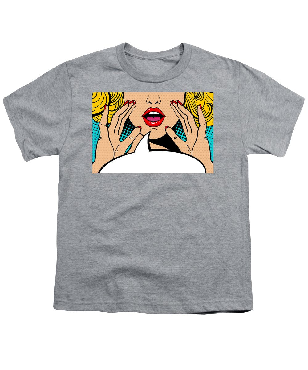 Sexy surprised blonde pop art woman with open mouth and rising hands screaming announcement. Vector background in comic retro pop art style. Party invitation. - Youth T-Shirt