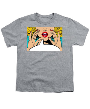 Sexy surprised blonde pop art woman with open mouth and rising hands screaming announcement. Vector background in comic retro pop art style. Party invitation. - Youth T-Shirt