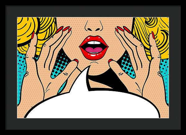 Sexy surprised blonde pop art woman with open mouth and rising hands screaming announcement. Vector background in comic retro pop art style. Party invitation. - Framed Print