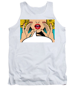 Sexy surprised blonde pop art woman with open mouth and rising hands screaming announcement. Vector background in comic retro pop art style. Party invitation. - Tank Top