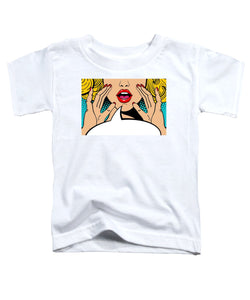 Sexy surprised blonde pop art woman with open mouth and rising hands screaming announcement. Vector background in comic retro pop art style. Party invitation. - Toddler T-Shirt