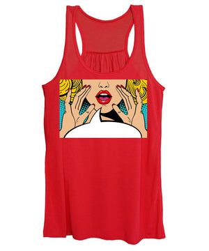 Sexy surprised blonde pop art woman with open mouth and rising hands screaming announcement. Vector background in comic retro pop art style. Party invitation. - Women's Tank Top