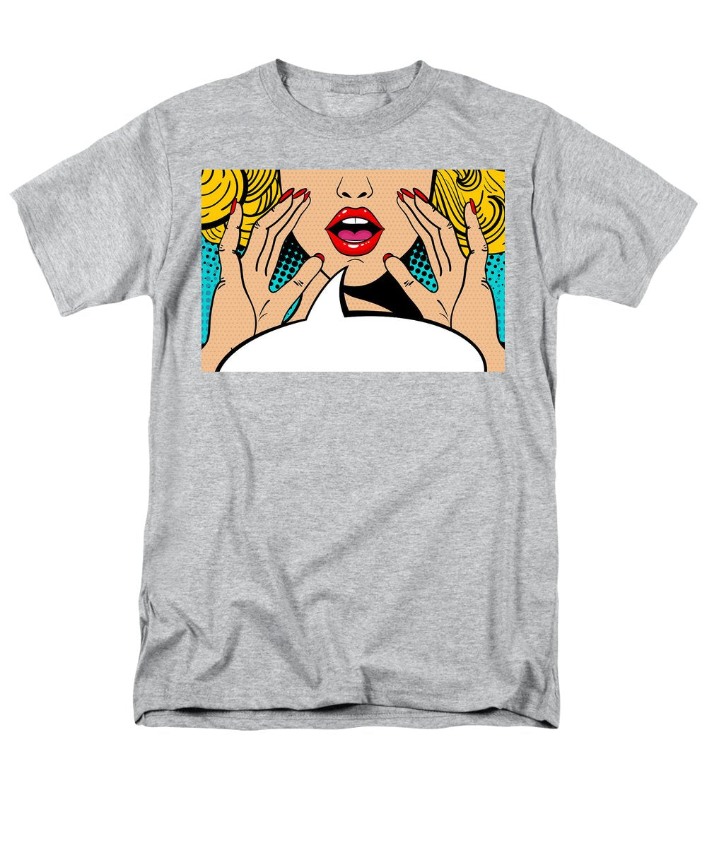 Sexy surprised blonde pop art woman with open mouth and rising hands screaming announcement. Vector background in comic retro pop art style. Party invitation. - Men's T-Shirt  (Regular Fit)