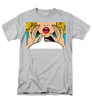 Sexy surprised blonde pop art woman with open mouth and rising hands screaming announcement. Vector background in comic retro pop art style. Party invitation. - Men's T-Shirt  (Regular Fit)