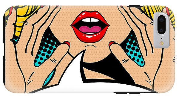 Sexy surprised blonde pop art woman with open mouth and rising hands screaming announcement. Vector background in comic retro pop art style. Party invitation. - Phone Case