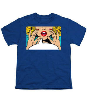 Sexy surprised blonde pop art woman with open mouth and rising hands screaming announcement. Vector background in comic retro pop art style. Party invitation. - Youth T-Shirt