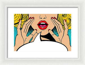 Sexy surprised blonde pop art woman with open mouth and rising hands screaming announcement. Vector background in comic retro pop art style. Party invitation. - Framed Print