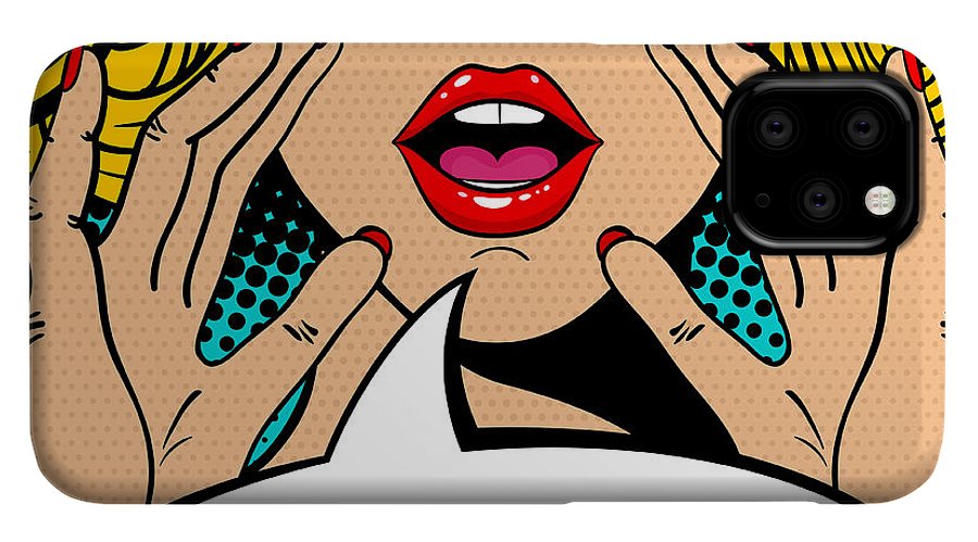 Sexy surprised blonde pop art woman with open mouth and rising hands screaming announcement. Vector background in comic retro pop art style. Party invitation. - Phone Case
