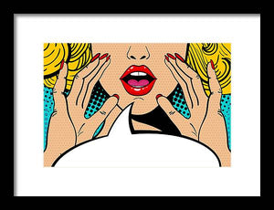 Sexy surprised blonde pop art woman with open mouth and rising hands screaming announcement. Vector background in comic retro pop art style. Party invitation. - Framed Print