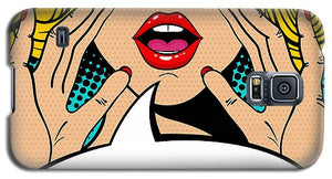 Sexy surprised blonde pop art woman with open mouth and rising hands screaming announcement. Vector background in comic retro pop art style. Party invitation. - Phone Case