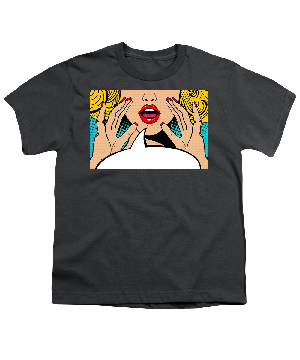 Sexy surprised blonde pop art woman with open mouth and rising hands screaming announcement. Vector background in comic retro pop art style. Party invitation. - Youth T-Shirt