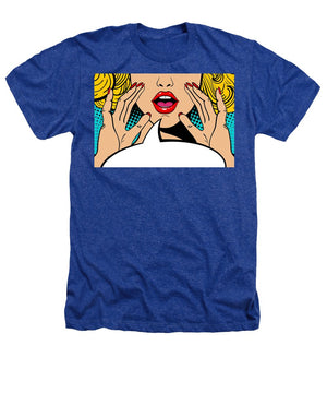Sexy surprised blonde pop art woman with open mouth and rising hands screaming announcement. Vector background in comic retro pop art style. Party invitation. - Heathers T-Shirt