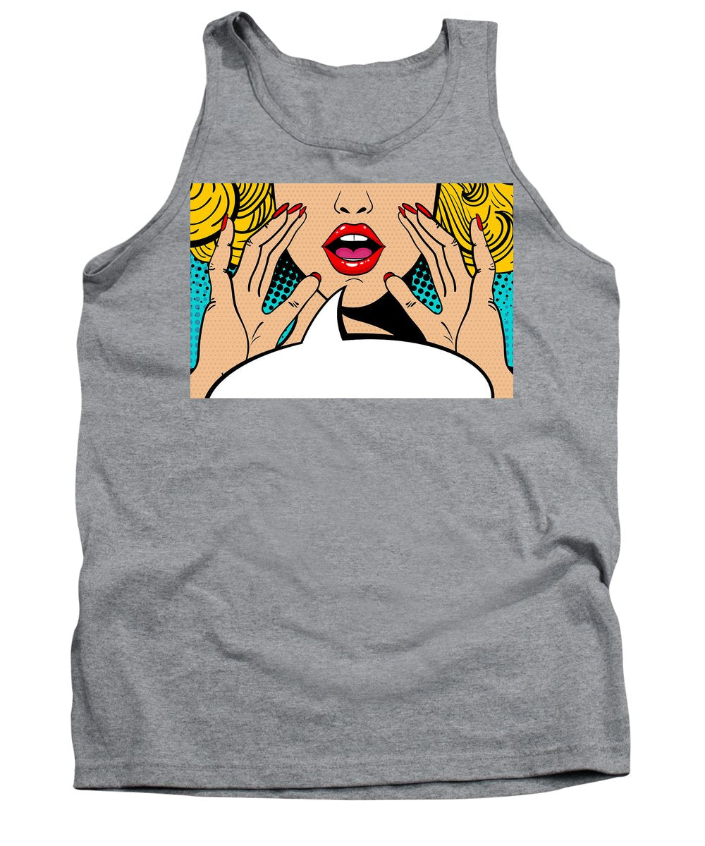 Sexy surprised blonde pop art woman with open mouth and rising hands screaming announcement. Vector background in comic retro pop art style. Party invitation. - Tank Top